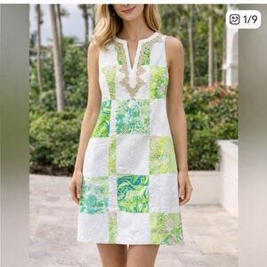 Lilly Pulitzer Janice Shift Dress Lioness Patchwork Gold Trim Size 2